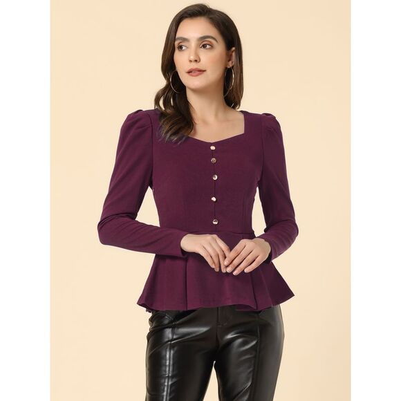 Square Neck Peplum Top Long Sleeve Blouse VintagePurplish Red - Picture 4 of 5